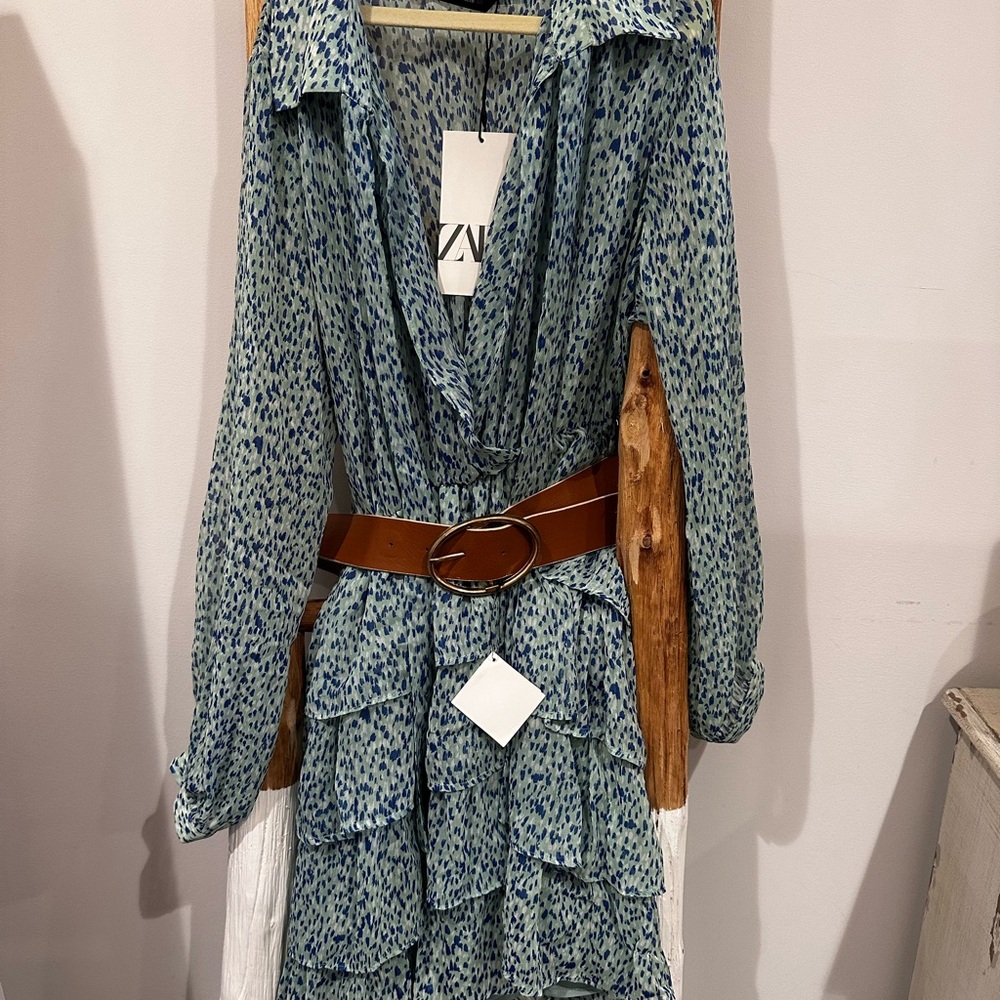 Zara Teal and Navy Leopard Cheetah Ruffle Belted Dress